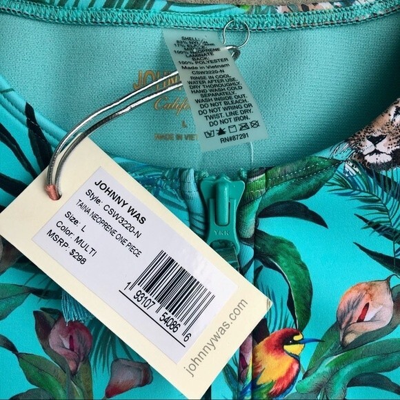 NWT Johnny Was Taina Neoprene One Piece Swimsuit Turquoise Blue Floral Printed L - Picture 3 of 4